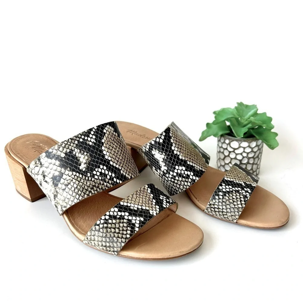Madewell Kiera Mule Sandal Snake Embossed Leather Block Heel Slide Neutral 8.5